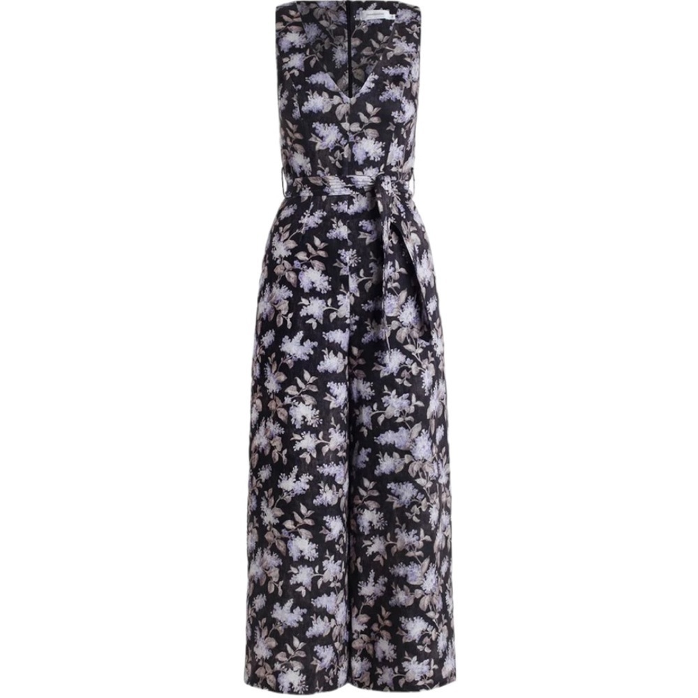 Zimmerman Linen stranded jumpsuit in black lavender Floral, size 0